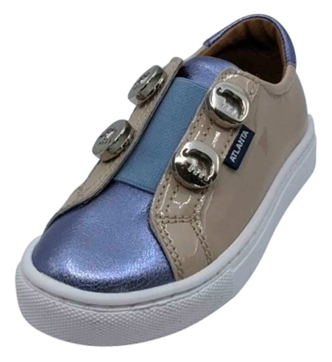 Atlanta Mocassin Girl's Patent Leather Stud Sneaker, Violet/Beige/Blue