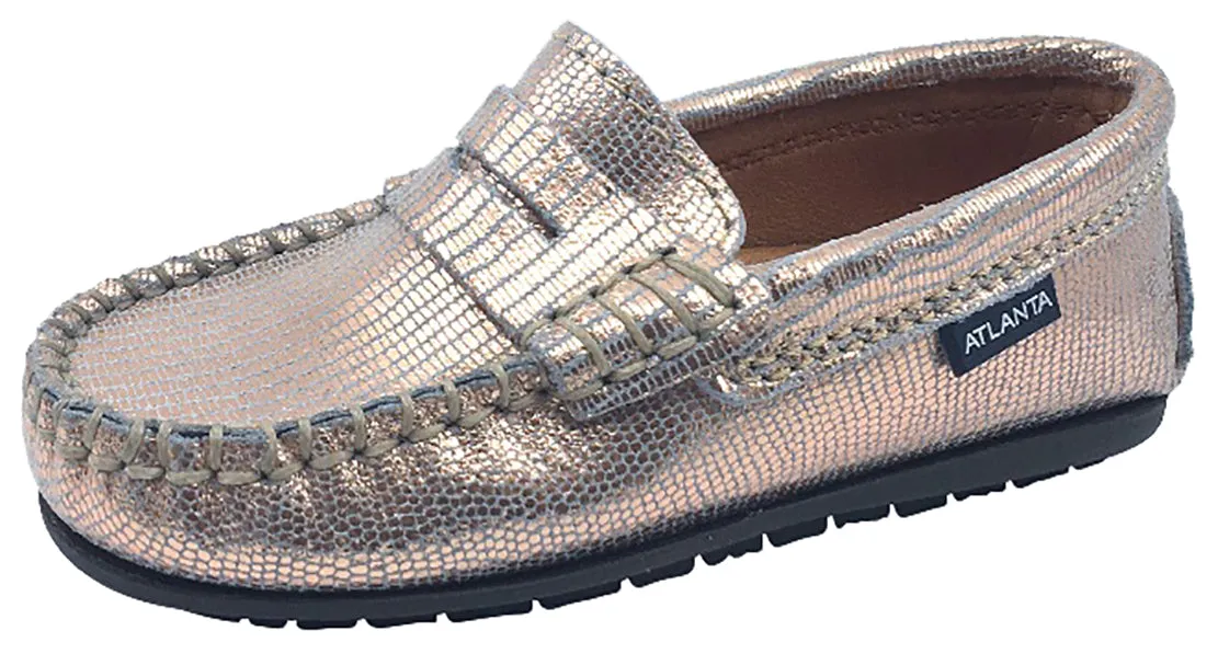 Atlanta Mocassin Girl's Rose Gold Printed Metallic Leather Slip On Moccasin Loafer Flat Shoe