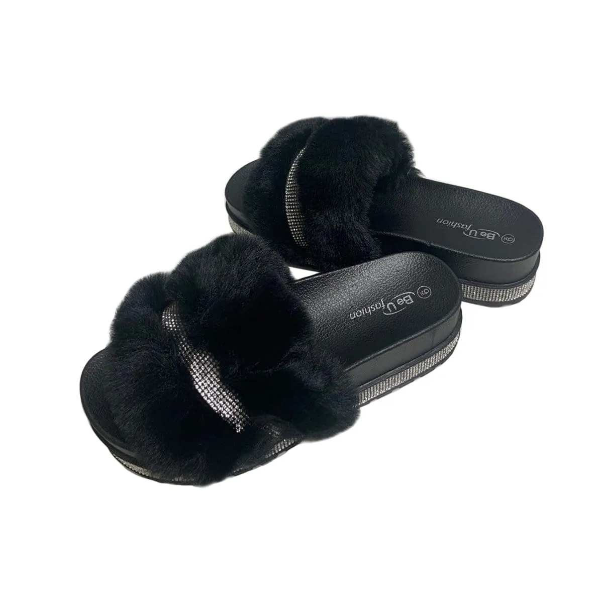 BE U | Fur Sandal with Rhinestone