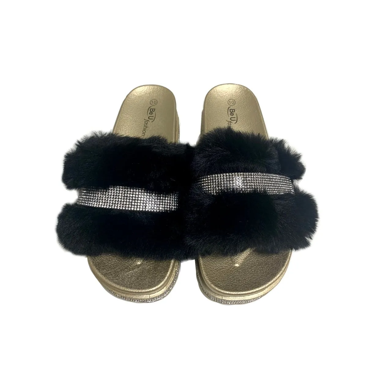 BE U | Fur Sandal with Rhinestone