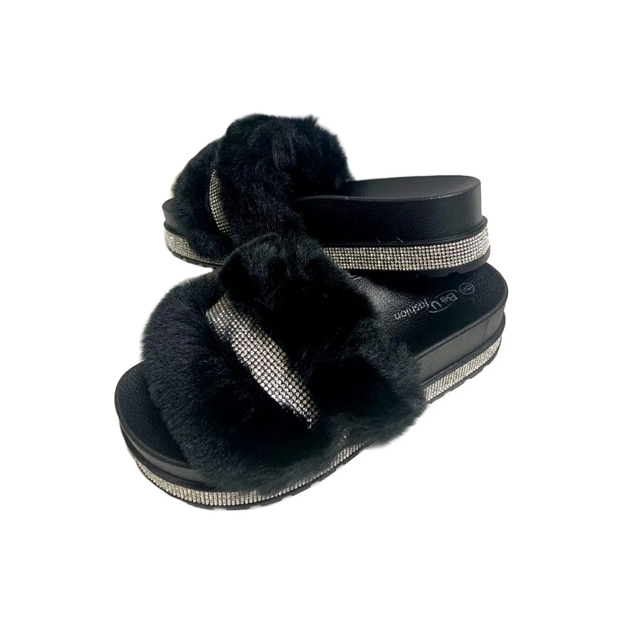 BE U | Fur Sandal with Rhinestone