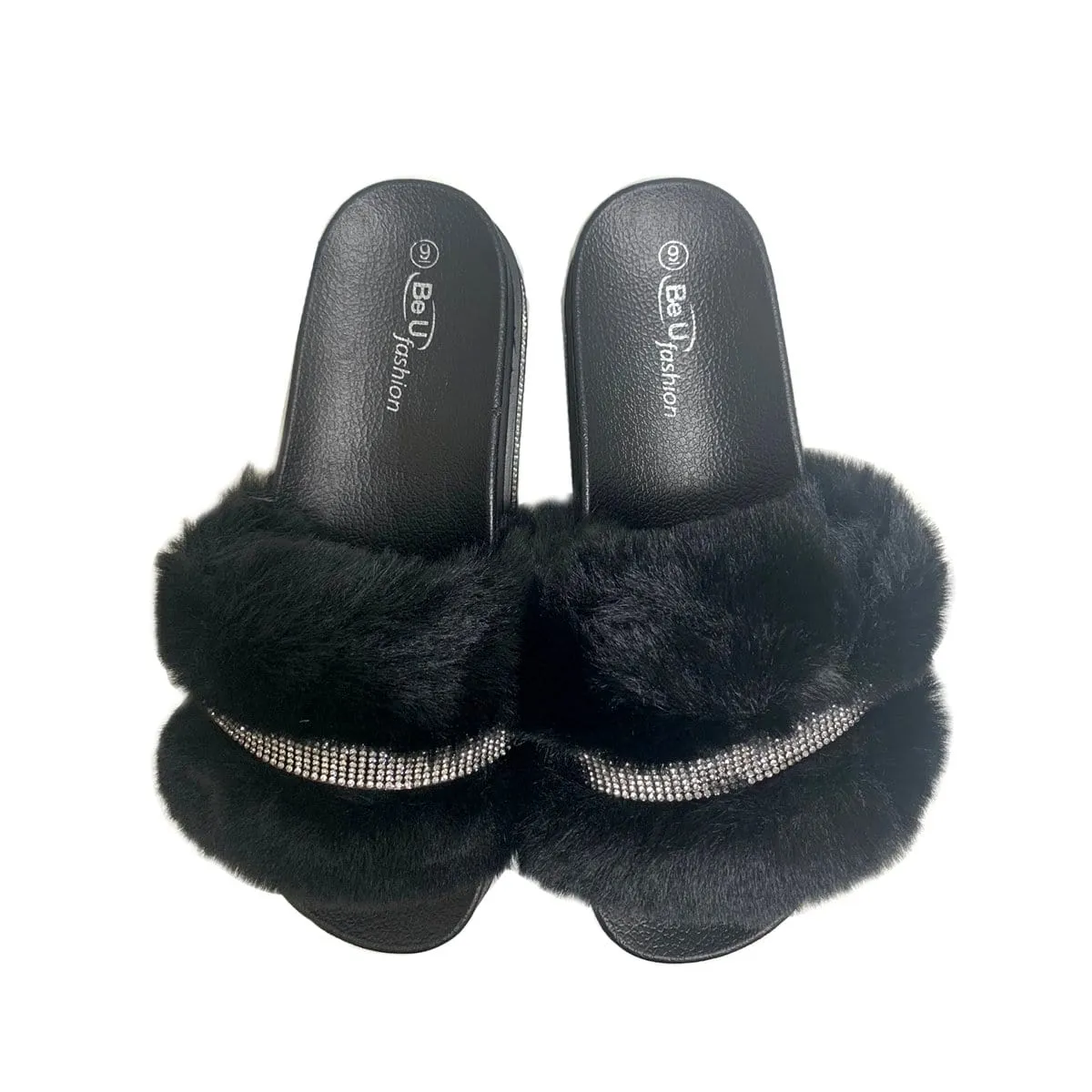 BE U | Fur Sandal with Rhinestone