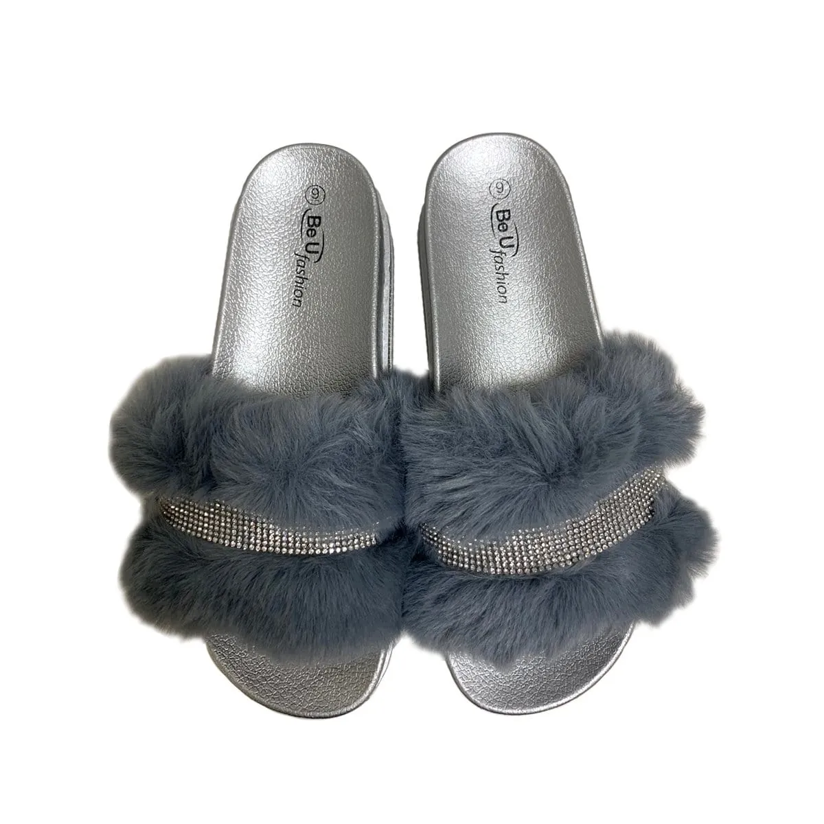 BE U | Fur Sandal with Rhinestone