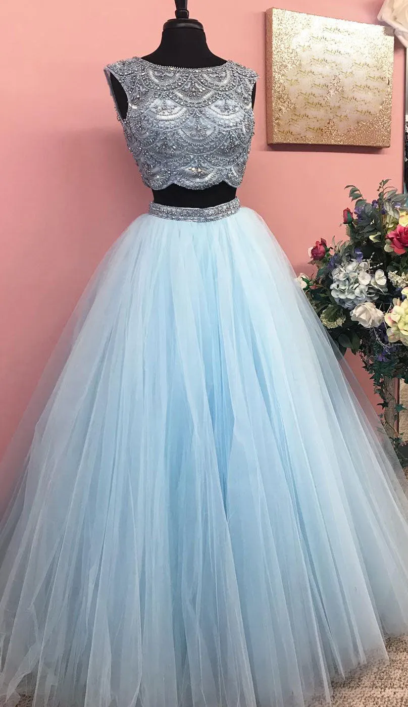 Blue beads tulle long prom dress, blue evening dress