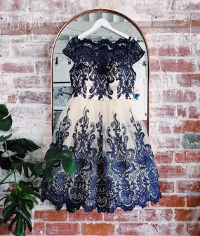 Blue lace applique short prom dress, blue bridesmaid dress