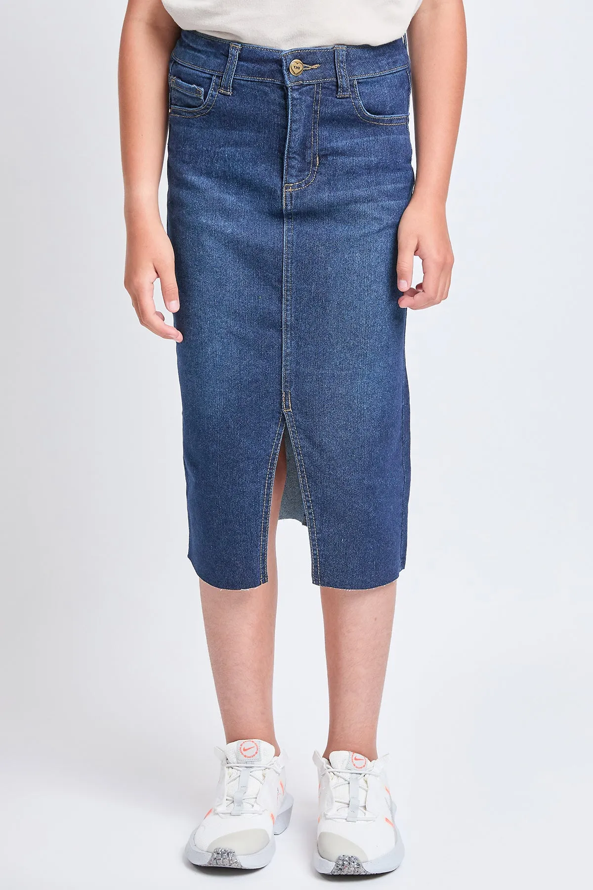 Girls Denim Front Slit Raw Hem Long Skirt