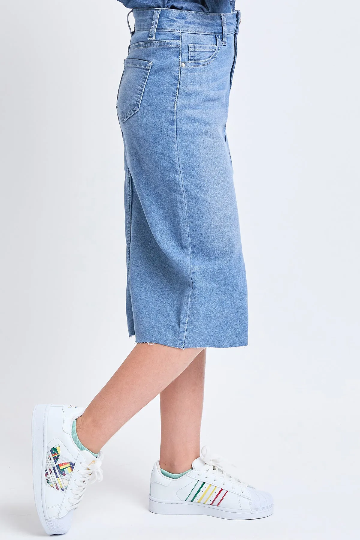 Girls Denim Front Slit Raw Hem Long Skirt