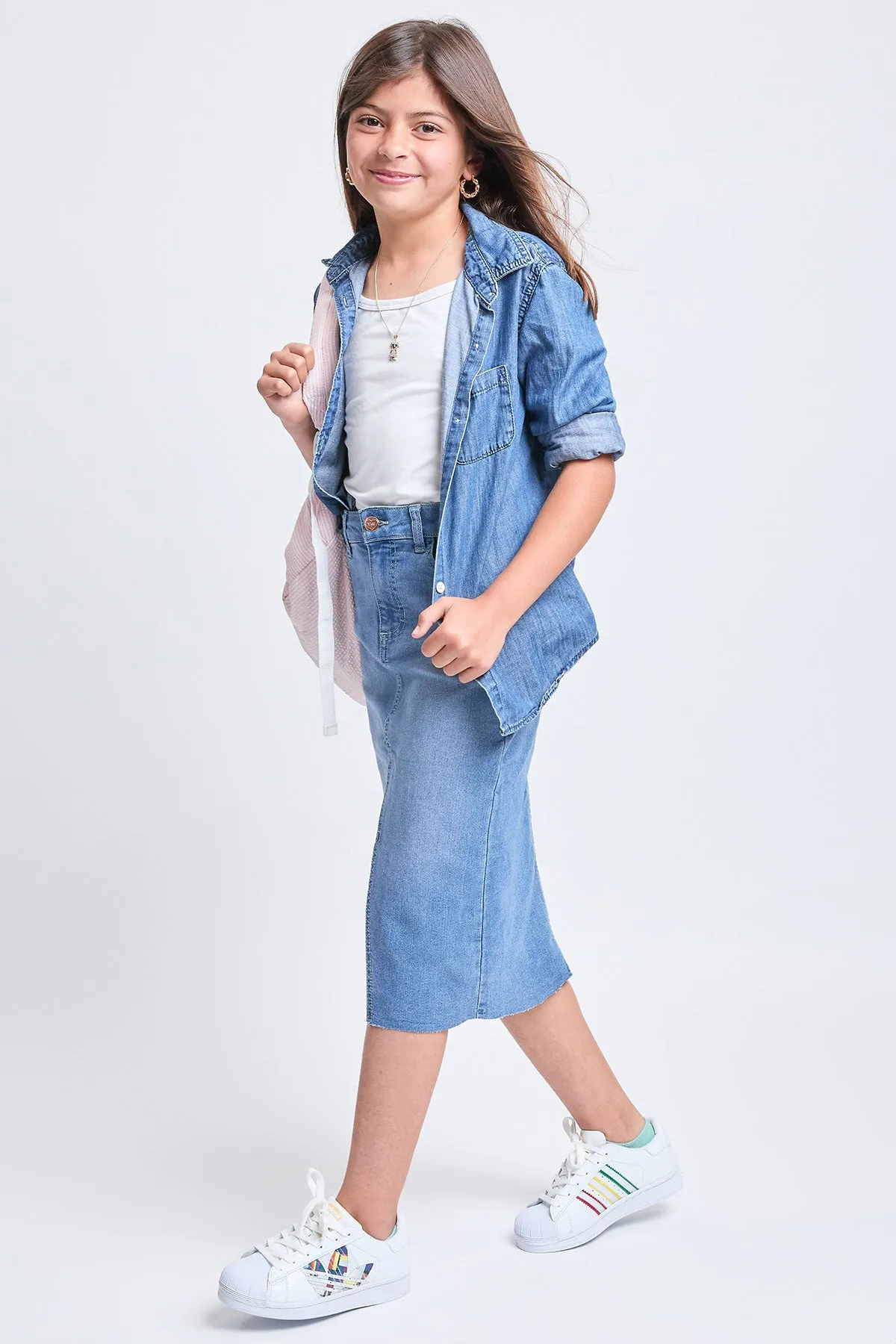 Girls Denim Front Slit Raw Hem Long Skirt