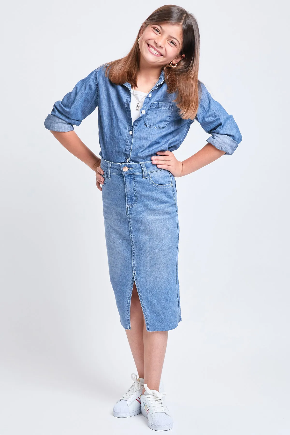 Girls Denim Front Slit Raw Hem Long Skirt