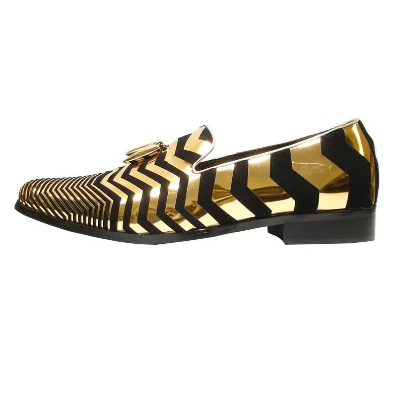 Men's Fiesso Gold Black Suede Zebra Design Slip On Cap Toe Dress Shoes FI 6945