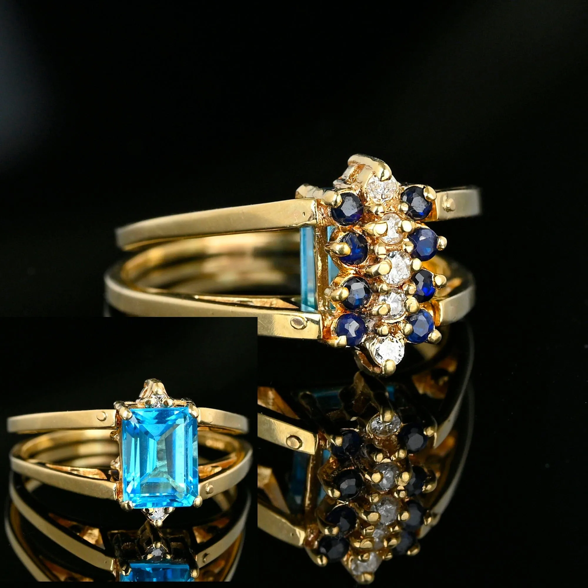 Reversible Blue Topaz Sapphire Diamond Cluster Flip Ring in 14k Gold